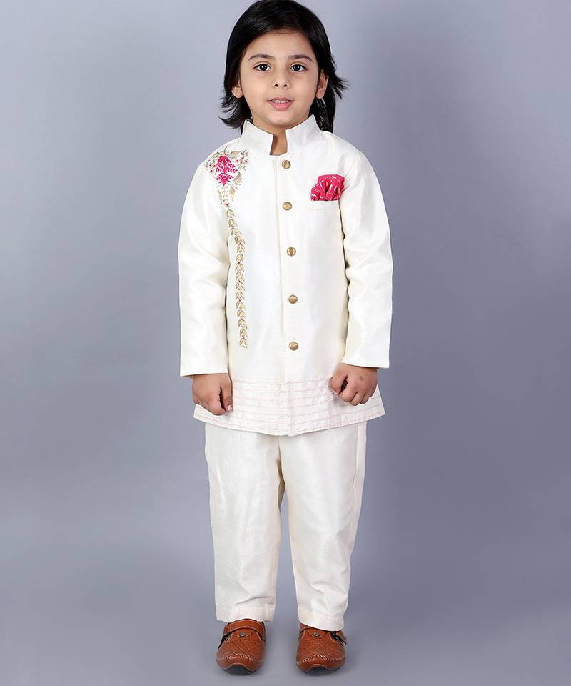 White embroidered raw silk sherwani set