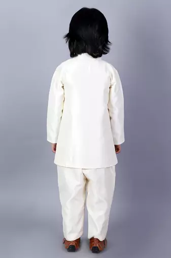 White embroidered raw silk Boy's Sherwani Set
