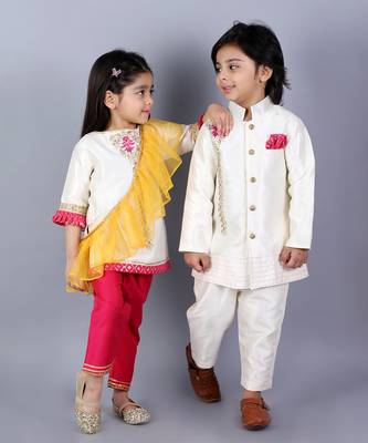 White embroidered raw silk Boy's Sherwani Set 3