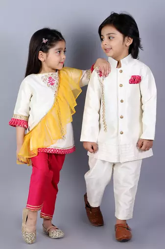 White embroidered raw silk Boy's Sherwani Set