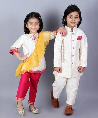 White embroidered raw silk Boy's Sherwani Set 4