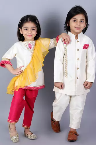 White embroidered raw silk Boy's Sherwani Set
