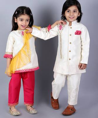 White embroidered raw silk Boy's Sherwani Set 5