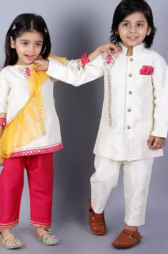 White embroidered raw silk Boy's Sherwani Set