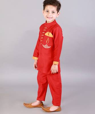 Red embroidered cotton silk Boy's Kurta Pyjama 2