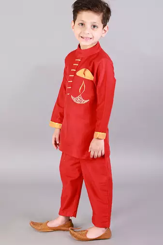 Red embroidered cotton silk Boy's Kurta Pyjama