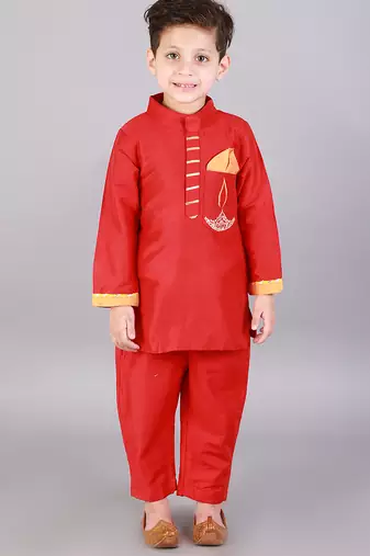 Red embroidered cotton silk kurta pyjama