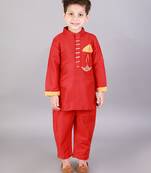 Red embroidered cotton silk kurta pyjama