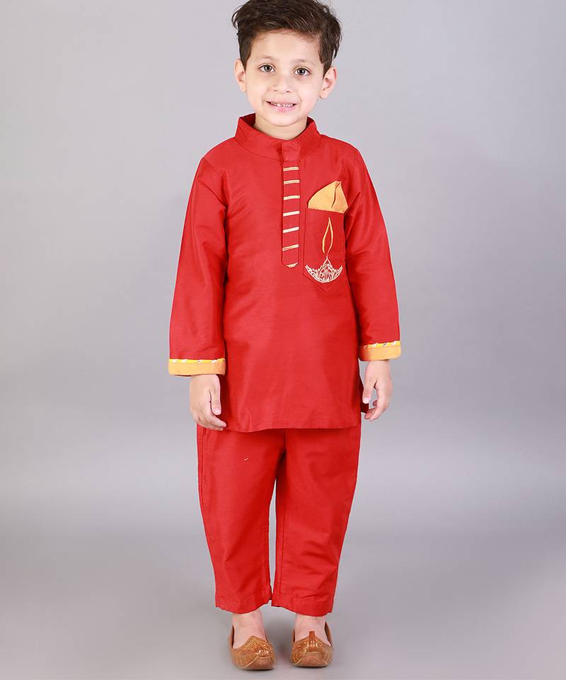 Red embroidered cotton silk kurta pyjama