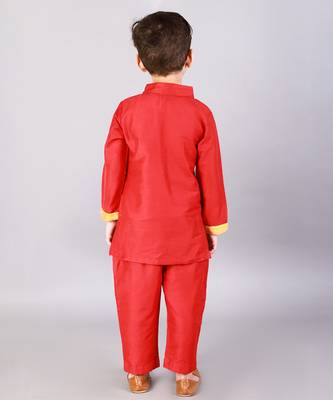 Red embroidered cotton silk Boy's Kurta Pyjama 3