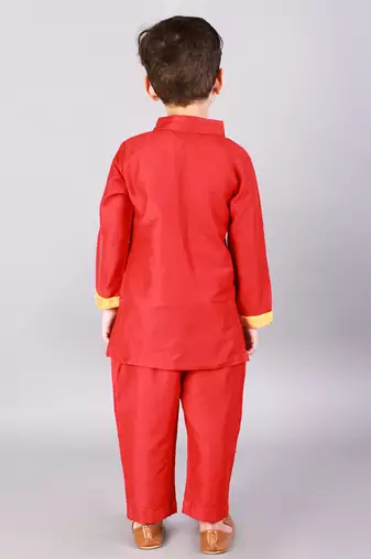 Red embroidered cotton silk Boy's Kurta Pyjama