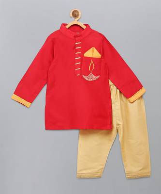 Red embroidered cotton silk Boy's Kurta Pyjama 5