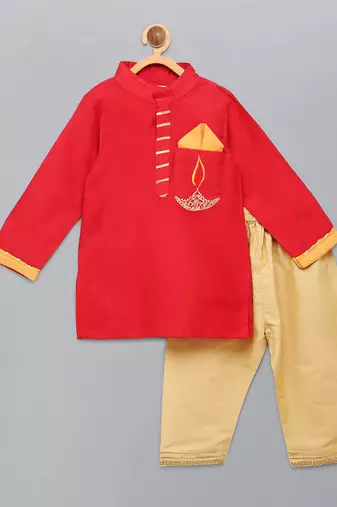 Red embroidered cotton silk Boy's Kurta Pyjama