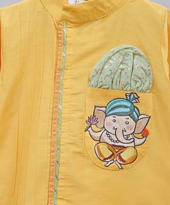 Yellow printed cotton silk Boy's Kurta Pyjama 2
