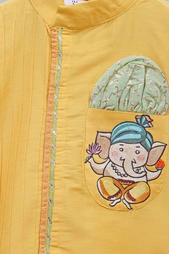 Yellow printed cotton silk kurta pyjama