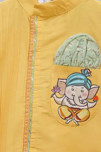 Yellow printed cotton silk kurta pyjama
