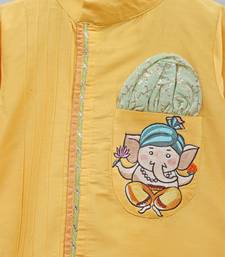 Yellow printed cotton silk kurta pyjama