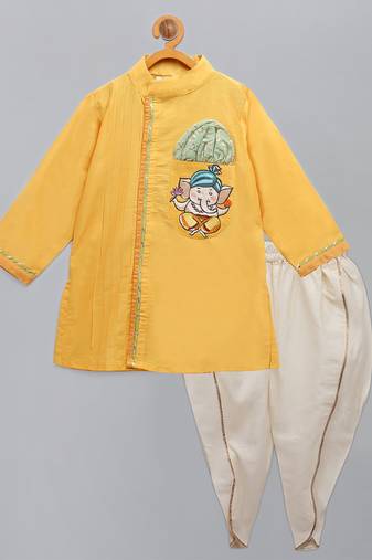 Yellow printed cotton silk kurta pyjama