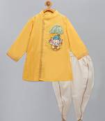 Yellow printed cotton silk kurta pyjama