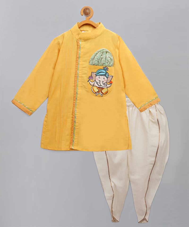 Yellow printed cotton silk kurta pyjama