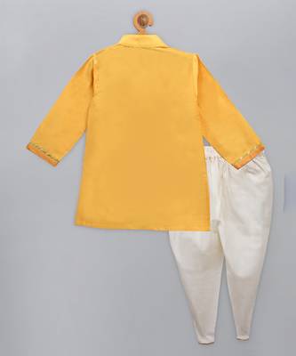 Yellow printed cotton silk Boy's Kurta Pyjama 3