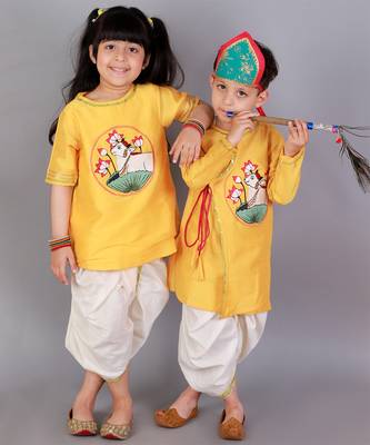 Yellow printed cotton silk Boy's Kurta Pyjama 2