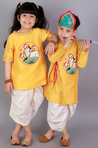 Yellow printed cotton silk kurta pyjama