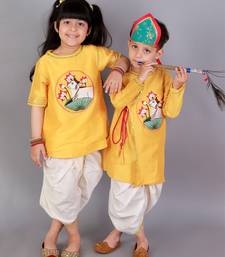 Yellow printed cotton silk kurta pyjama