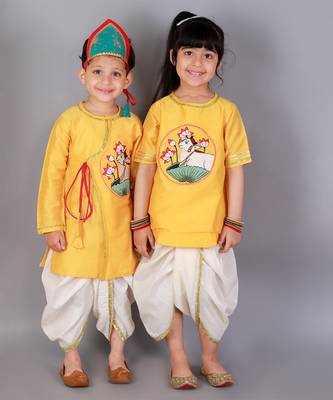 Yellow printed cotton silk Boy's Kurta Pyjama 3