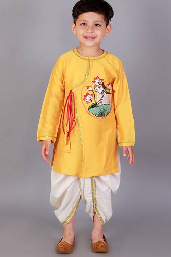 Yellow printed cotton silk kurta pyjama
