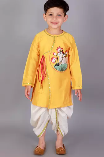 Yellow printed cotton silk kurta pyjama