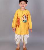 Yellow printed cotton silk kurta pyjama