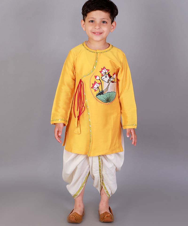 Yellow printed cotton silk kurta pyjama