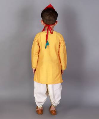 Yellow printed cotton silk Boy's Kurta Pyjama 4