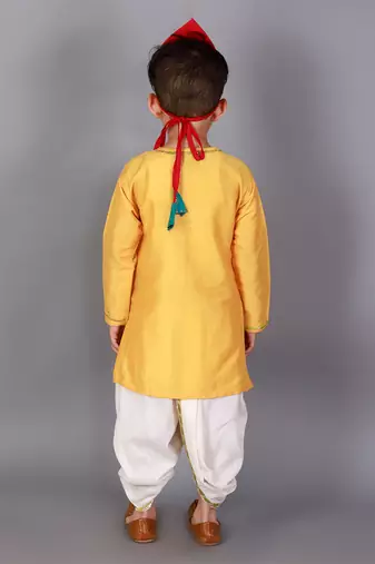 Yellow printed cotton silk kurta pyjama