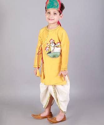 Yellow printed cotton silk Boy's Kurta Pyjama 5