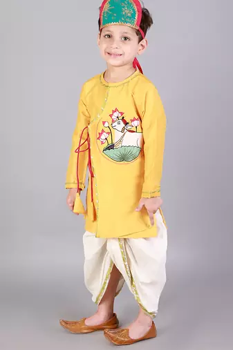 Yellow printed cotton silk kurta pyjama
