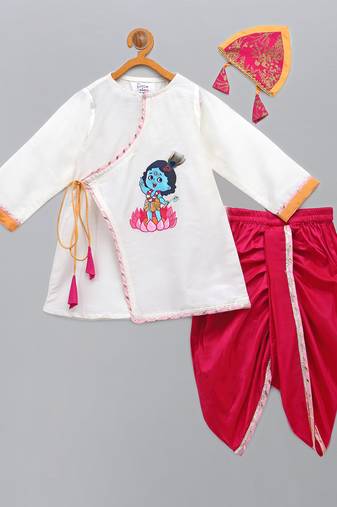 White printed cotton silk kurta pyjama