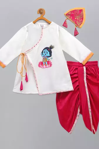 White printed cotton silk kurta pyjama