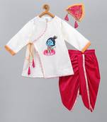 White printed cotton silk kurta pyjama