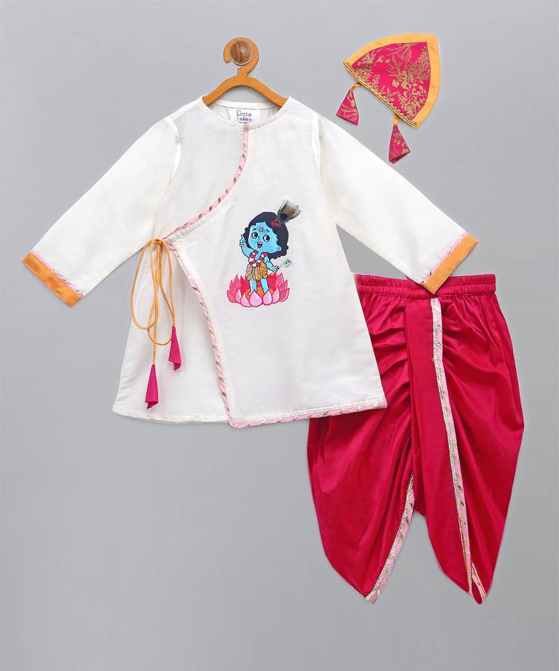 White printed cotton silk kurta pyjama