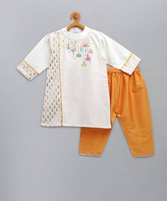 White embroidered cotton silk Boy's Kurta Pyjama 1