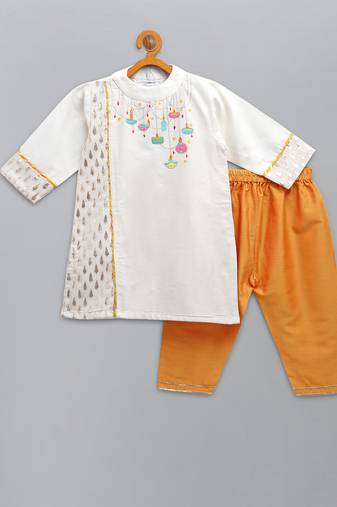 White embroidered cotton silk kurta pyjama