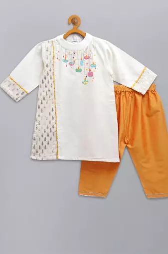 White embroidered cotton silk kurta pyjama
