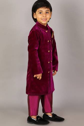 Purple embroidered velvet sherwani set