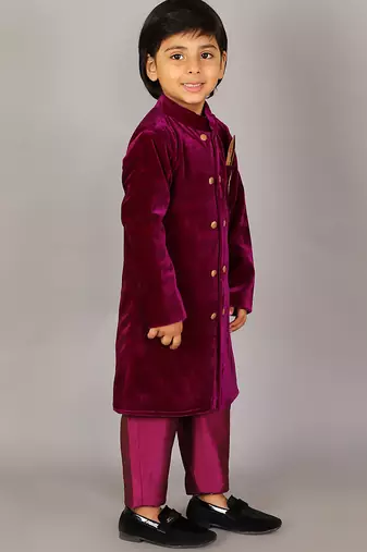 Purple embroidered velvet Boy's Sherwani Set