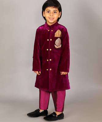 Purple embroidered velvet Boy's Sherwani Set 3