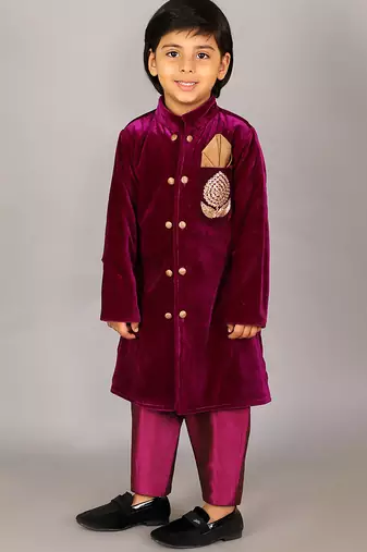 Purple embroidered velvet Boy's Sherwani Set