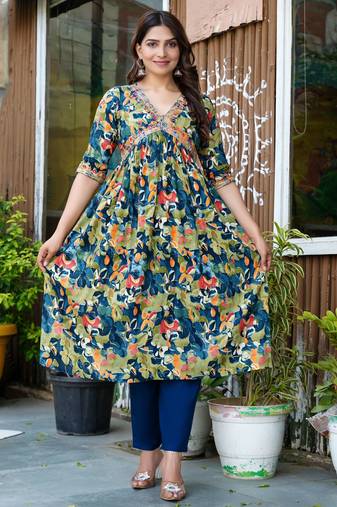 Green viscose rayon kurta-sets