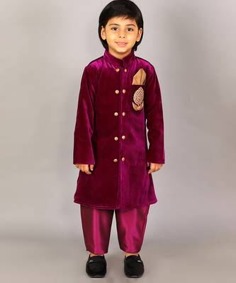 Purple embroidered velvet Boy's Sherwani Set 1